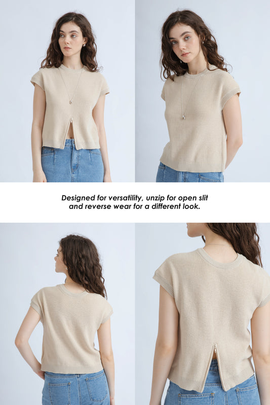Multi-Wear Zipper Details Knit Top (Beige)
