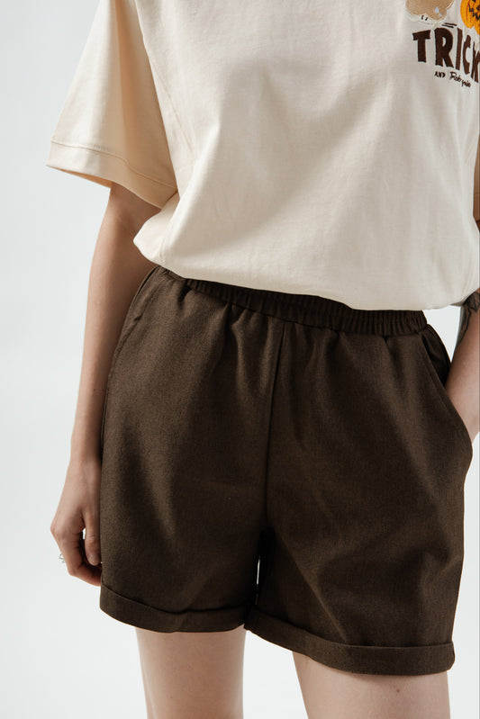 Ghost-LU Embroidery Easy Folded Hem Shorts (Dark Brown)