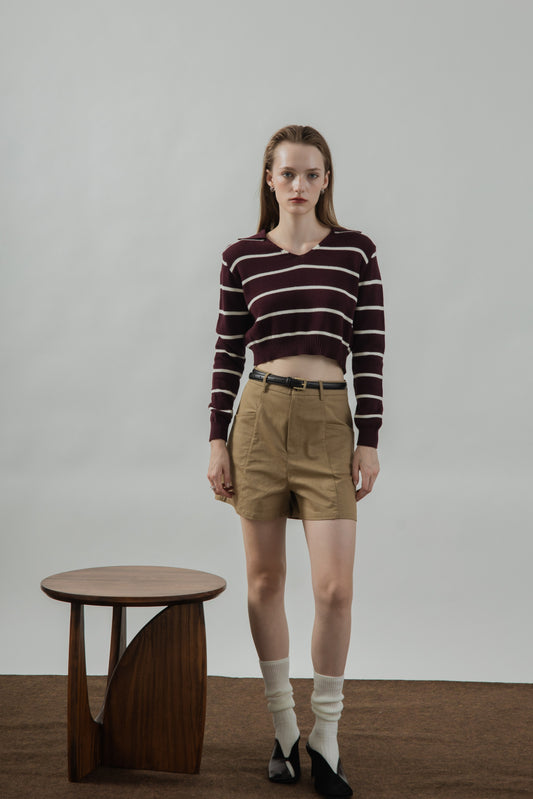 Striped Collar Long Sleeve Top (Maroon Stripes)