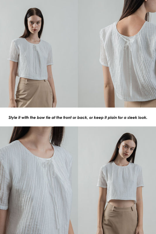 Two Way Bow Tie Short Sleeve Blouse (White)