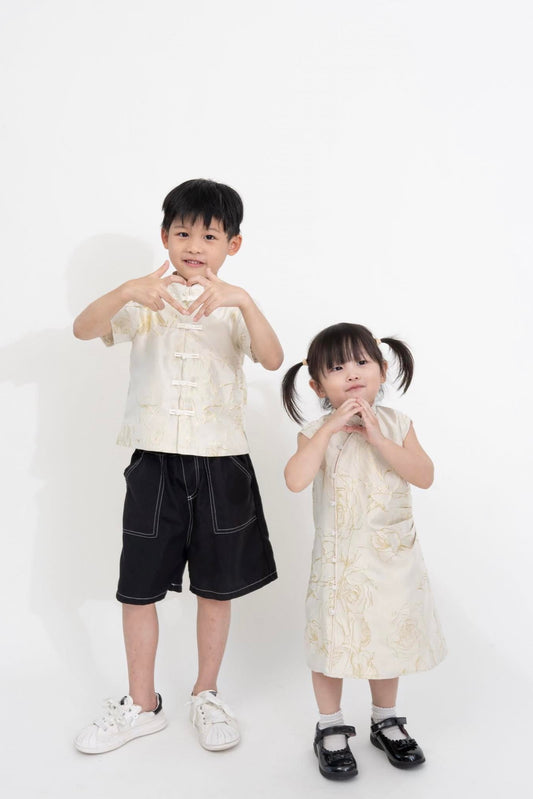 Girl Floral Gold Embroidery Cheongsam Dress (Beige)