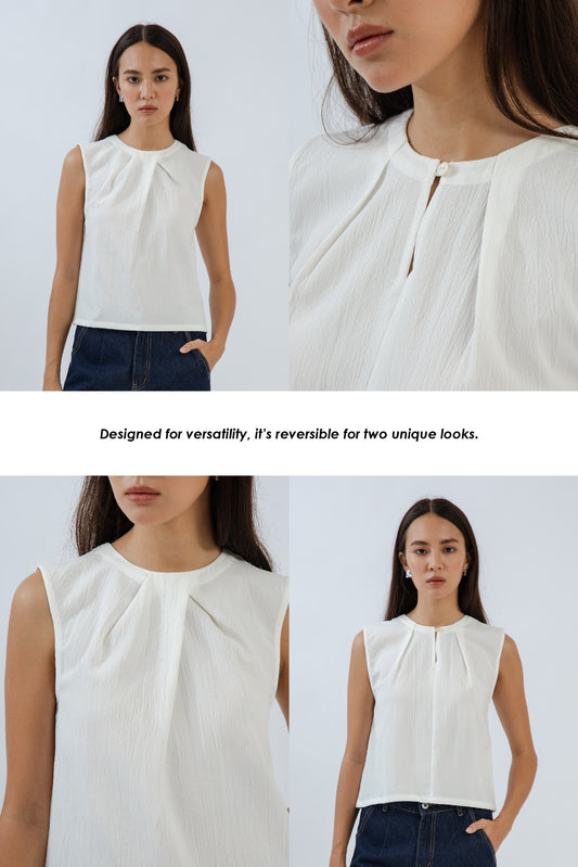 Round Pleated Neckline Sleeveless Top (Ivory)