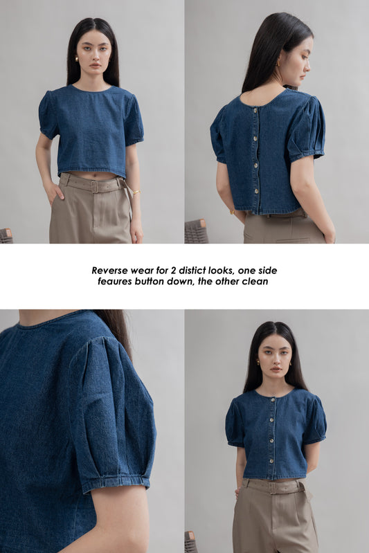 Pleated Short Sleeve Two Way Top (Denim)
