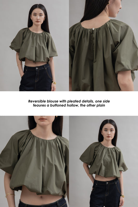 Two Way Pleated Balloon Sleeve Blouse (Green)