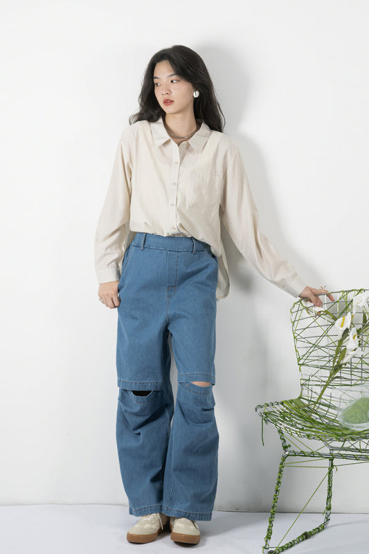 Denim Open Knee Pants (Denim)