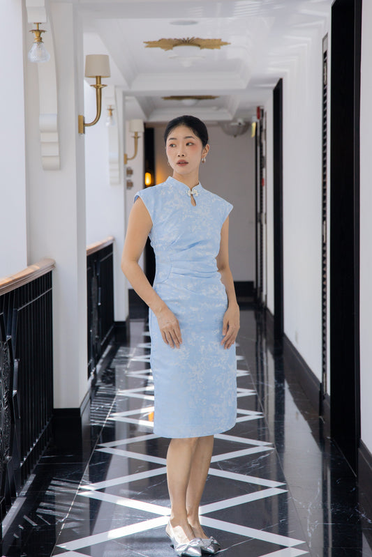 Spring Aura Embroidery Gathered Cheongsam Dress (Blue)