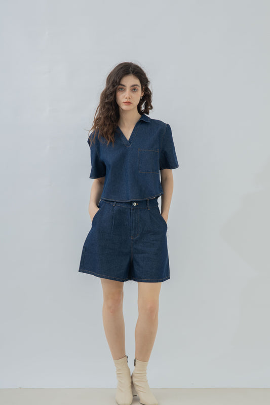 Kayla High Waist Denim A Line Shorts (Denim)