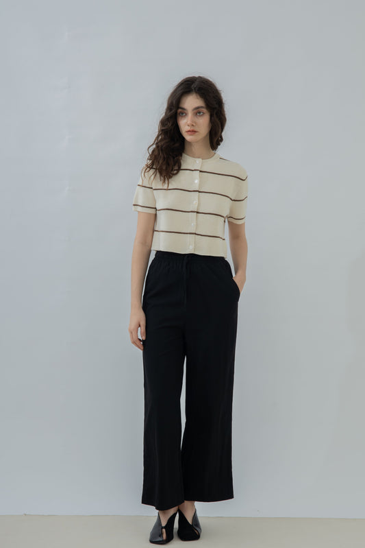 Short Sleeve Stripes Knit Top (Beige Stripes)
