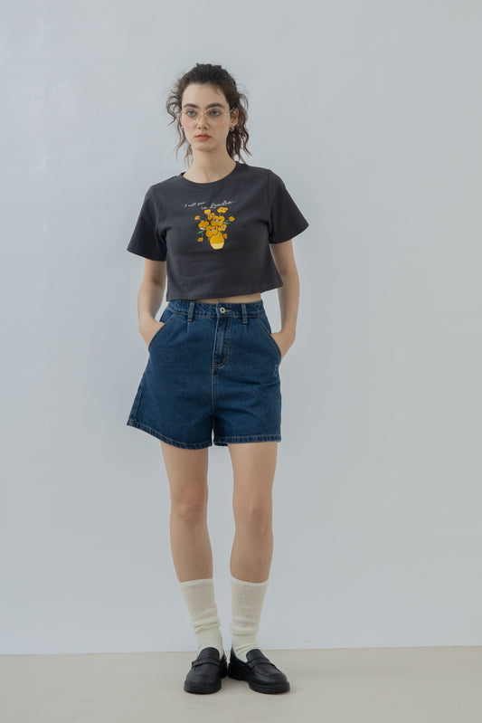 LULU Flower In A Vase Embroidery Crop Tee (Dark Grey)