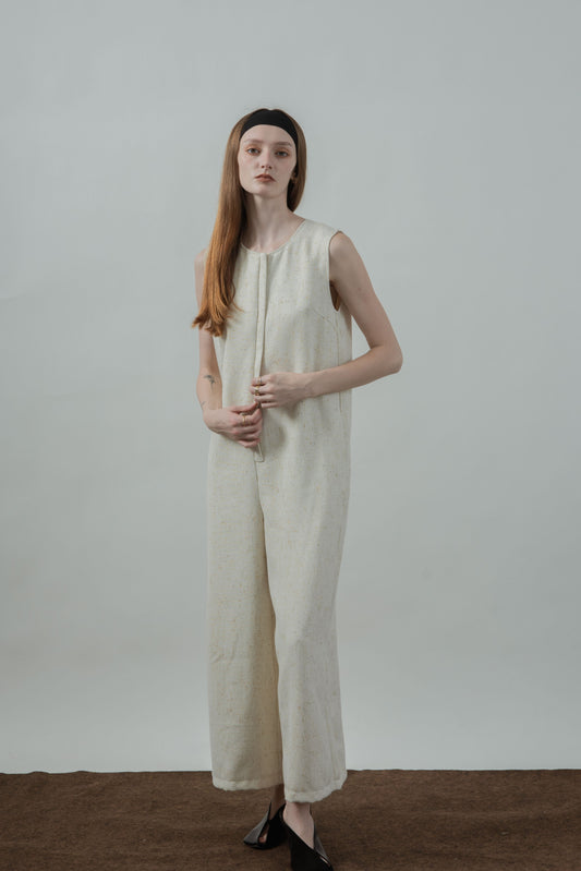 Tweed Sleeveless Loose Jumpsuit (Beige Mix)