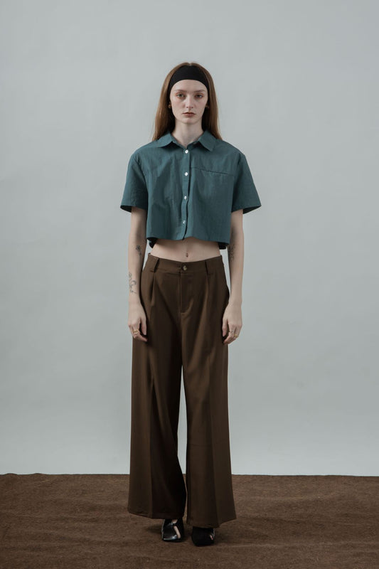 Box Cut Crinkle Cropped Shirt (Teal Green)