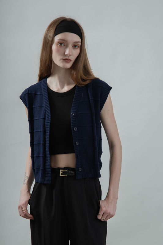Checkered Texture Knit Vest (Navy)