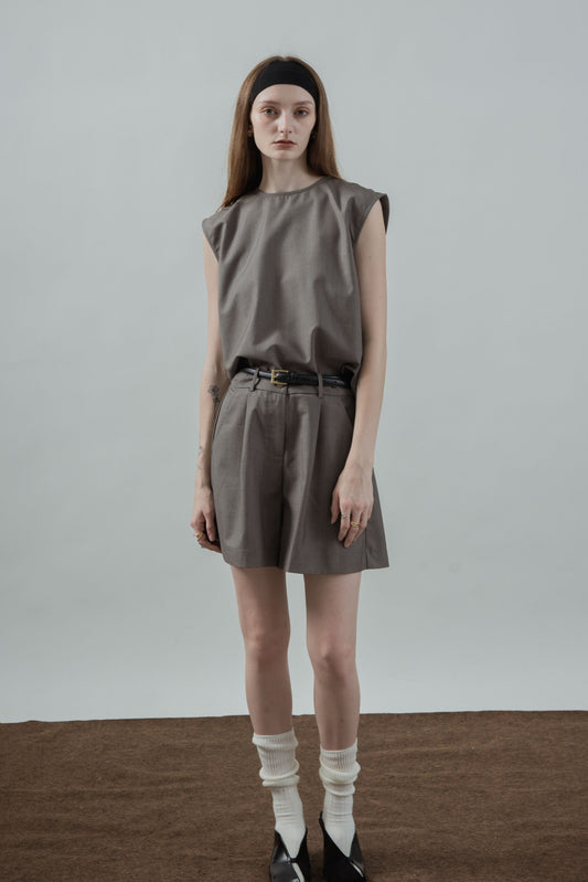 High Waist Elastic Tailored Shorts (Khaki Grey)