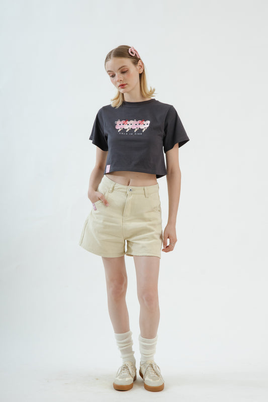 LULU In Pink Embroidery Crop Tee (Grey)