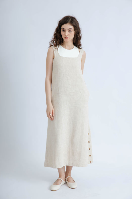 Linen Square Neck Sleeveless Maxi Dress (Beige)
