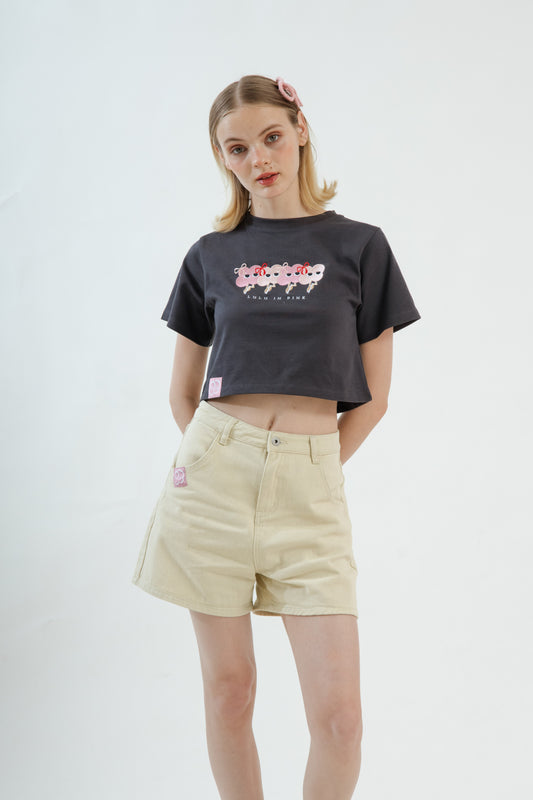 LULU Back Pocket Embroidered Denim Shorts (Beige)