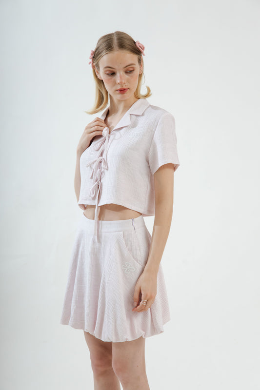 LULU Textured Embroidery Front-Tie Blouse (Pink)