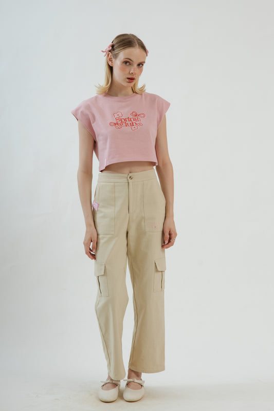 LULU Spring Club Embroidery Sleeveless Crop Tee (Pink)