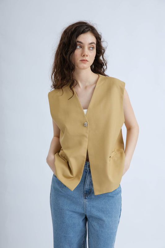 Asymmetric Single Button Sleeveless Vest (Sand)