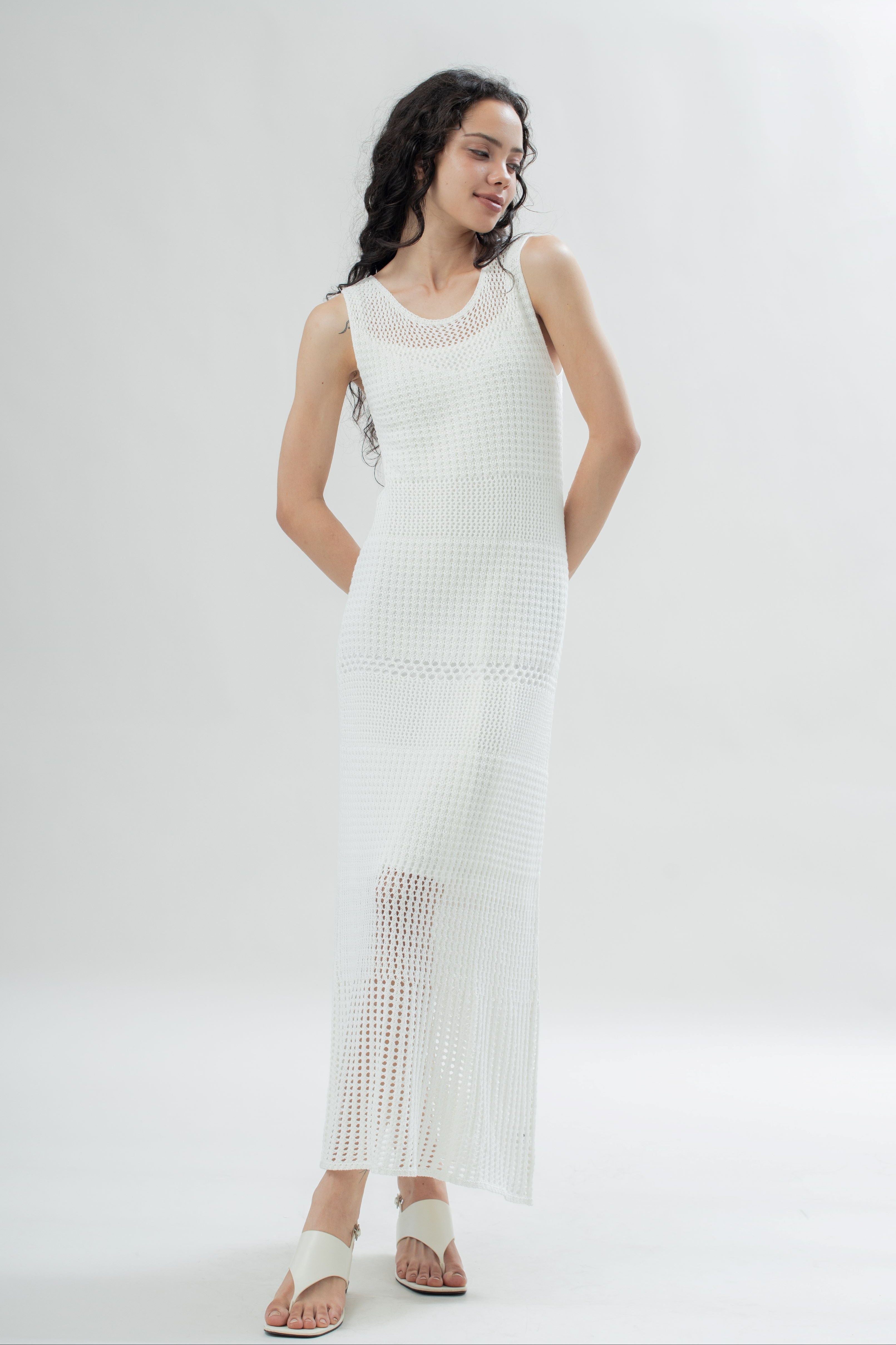 Riviera Side Slit Crochet Dress (Ivory)