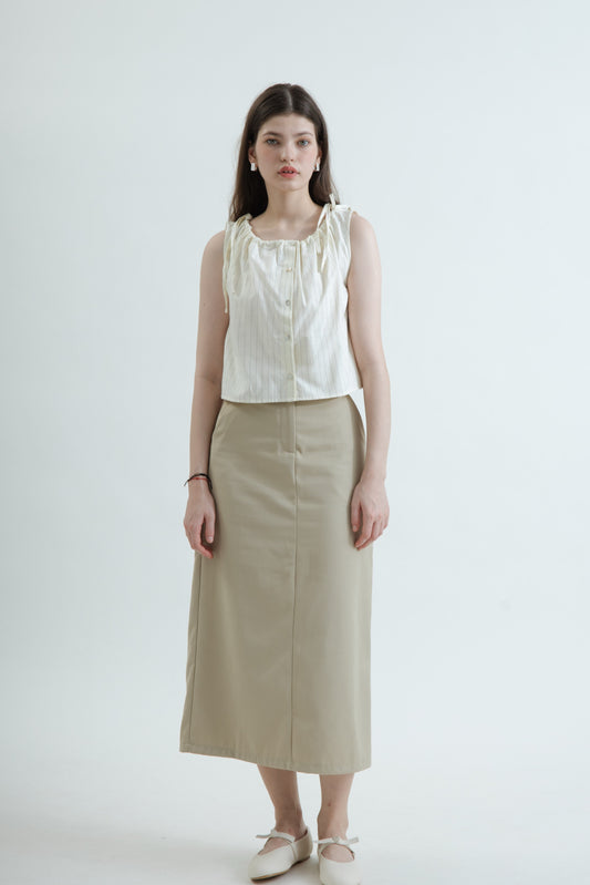 Drawstring Gathered Neck Sleeveless Top (Striped)