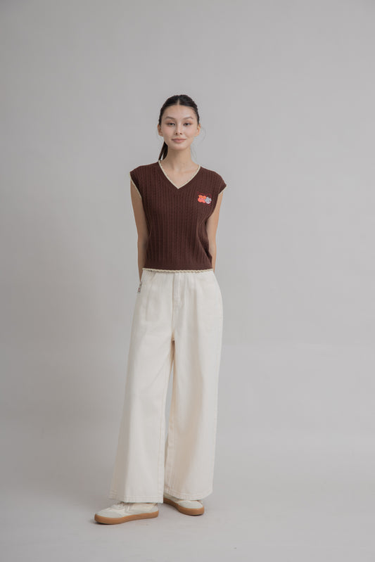 LULU Cherry Embroidery Wide Leg Pants (Beige)