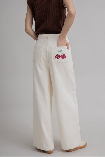 LULU Cherry Embroidery Wide Leg Pants (Beige)