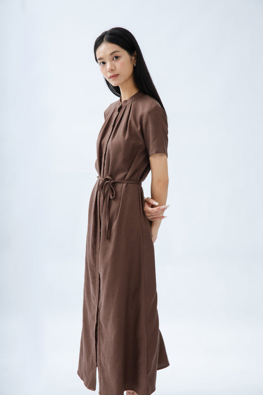 Short Sleeve Button Down Maxi Dress (Brown)