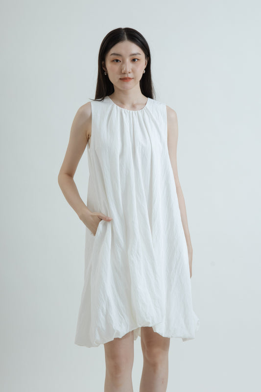 Flowy Pleated Asymmetrical Balloon Dress (White)