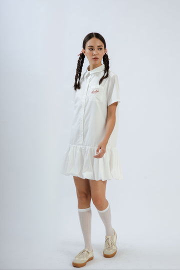 LULU Embroidery Puffy Hem Shirt Dress (Ivory)