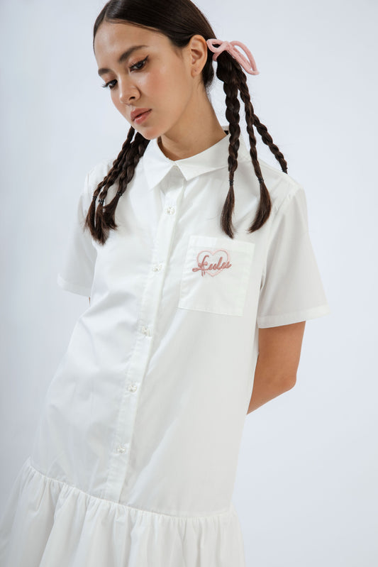 LULU Embroidery Puffy Hem Shirt Dress (Ivory)