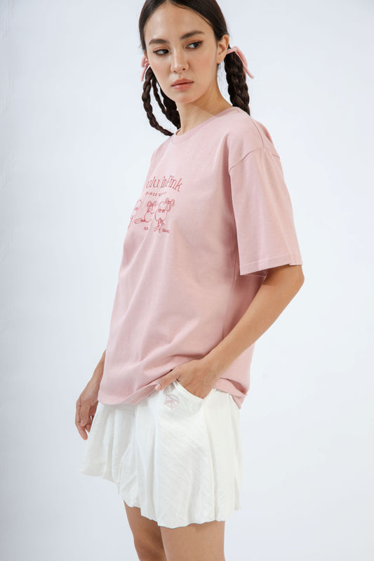 LULU In Pink Embroidery Oversize Tee (Pink)