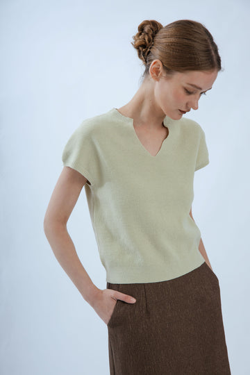 Open V Neck Knit Top (Sage)
