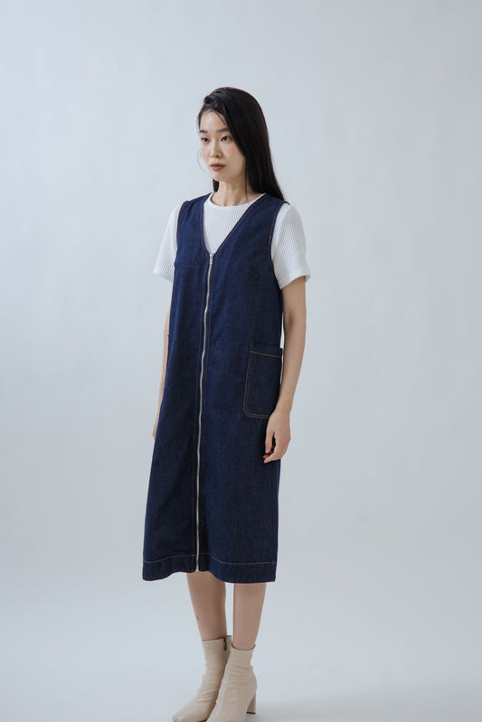 V Neck Zipper Sleeveless Denim Dress (Denim)