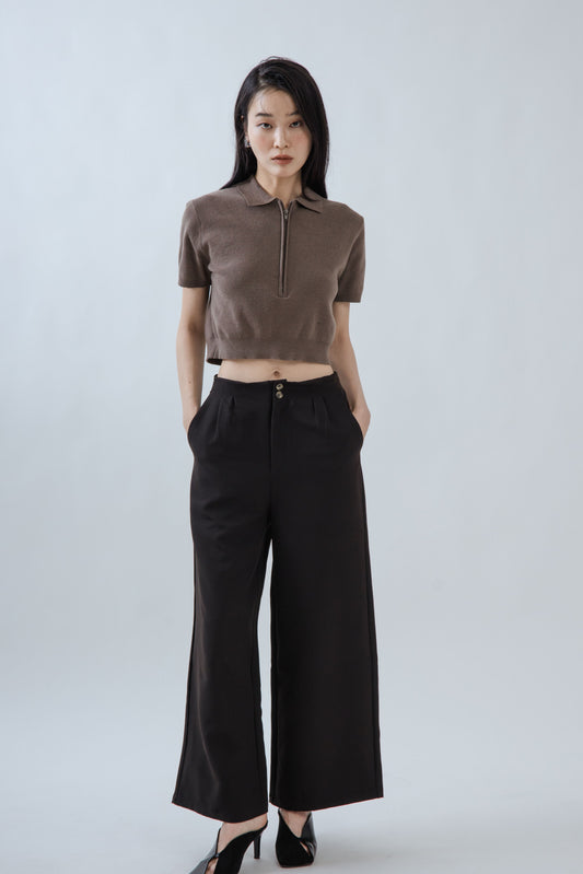 Dual Button High Waist Relaxed Culottes (Black)