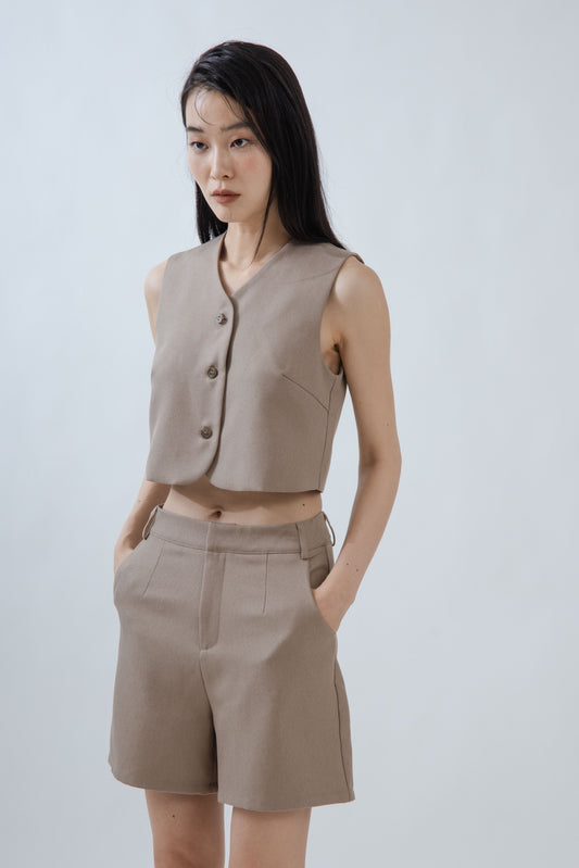Cropped V Neck Button Down Vest (Khaki)
