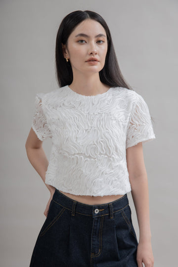 Ripple Textured Short Sleeve Top (Ivory)