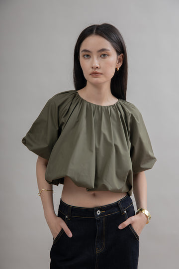 Two Way Pleated Balloon Sleeve Blouse (Green)