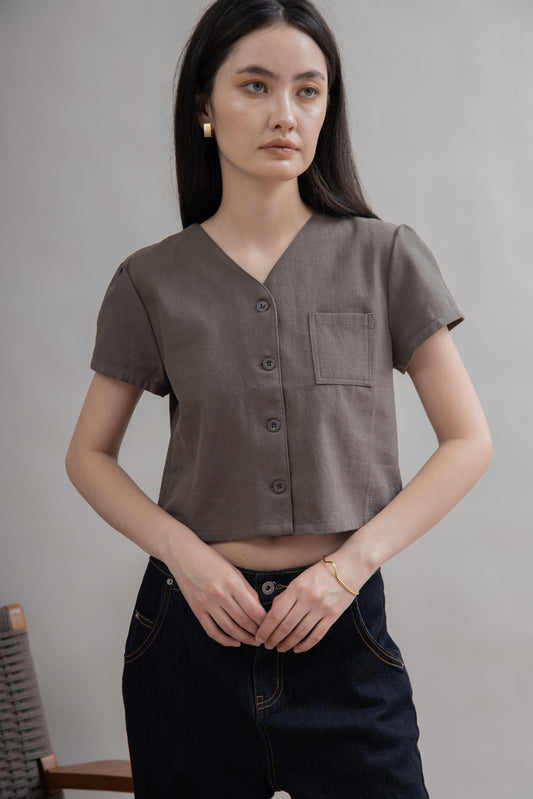V Neck Button Front Cotton Top (Grey)