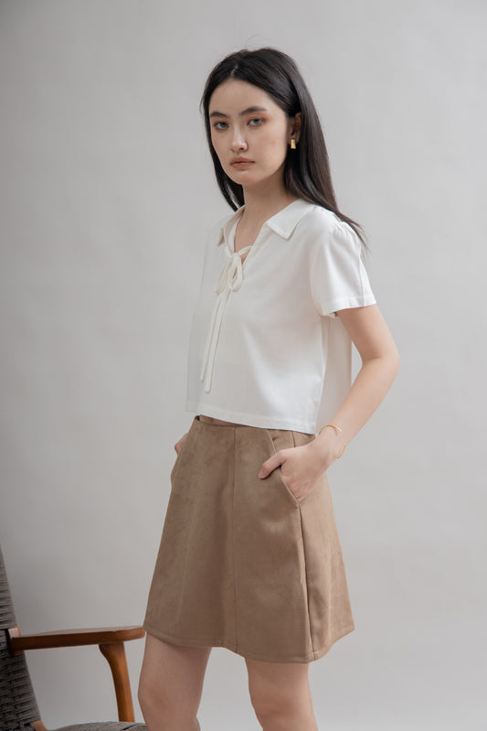 Ribbon Short Sleeve Linen Top (Ivory)