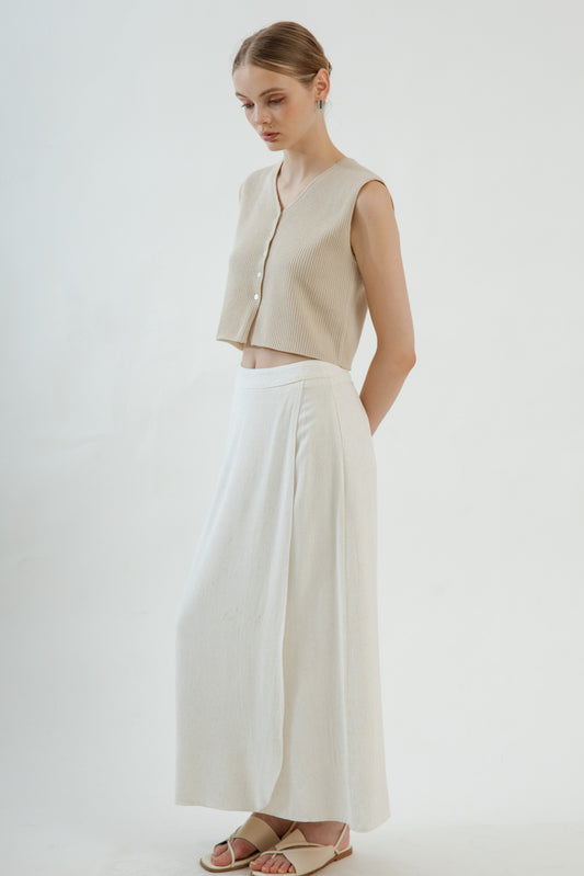 Linen Overlap Long Skirt (Beige)