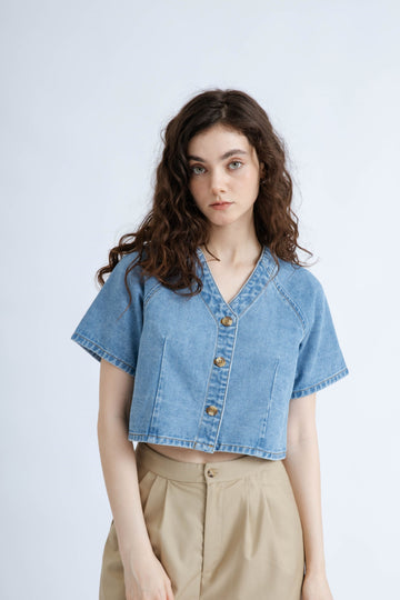 Raglan V Neck Short Sleeve Top (Denim)