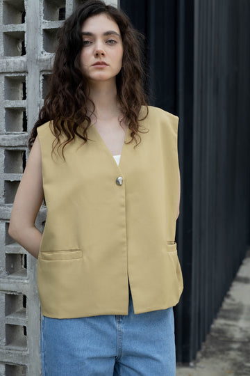 Asymmetric Single Button Sleeveless Vest (Sand)