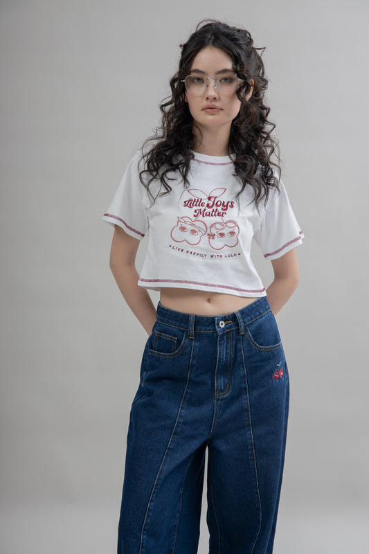 LULU Little Joys Matter Embroidery Crop Tee (Ivory)