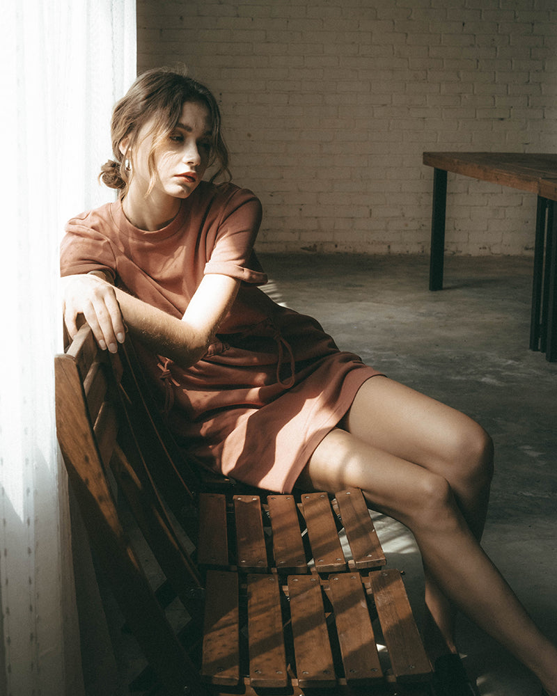 Front Drawstring Tee Dress (Brick)
