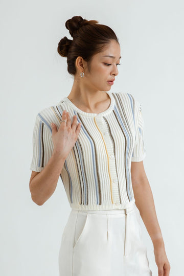 Eco Two Way Button Down Stripes Knit Top (White)