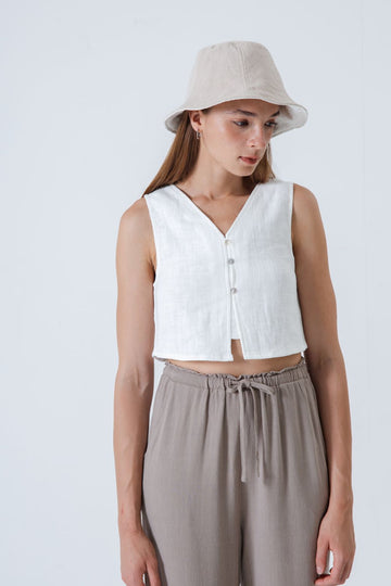 V-neck Button Down Sleeveless Linen Top (White)