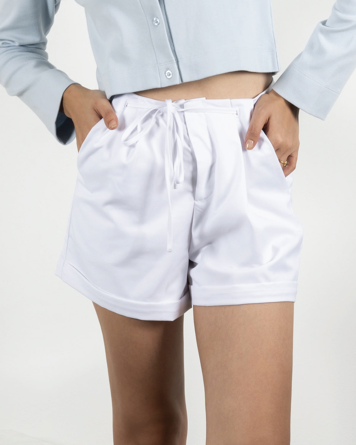 Folded Hem Ribbon Tie Shorts (White)