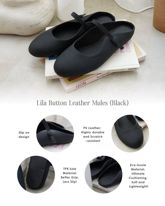 Lila Button Leather Mules (Black)