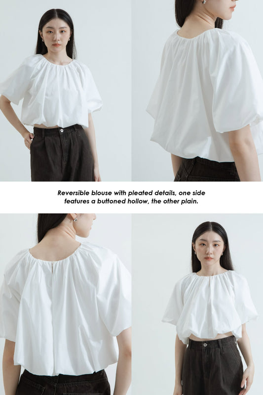Two Way Pleated Balloon Sleeve Blouse (White)